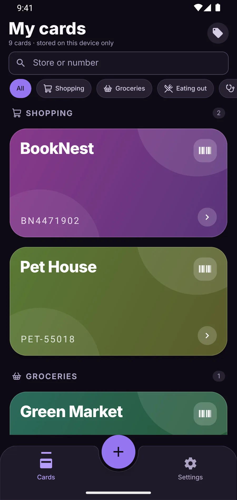 The card list in the Amethyst theme