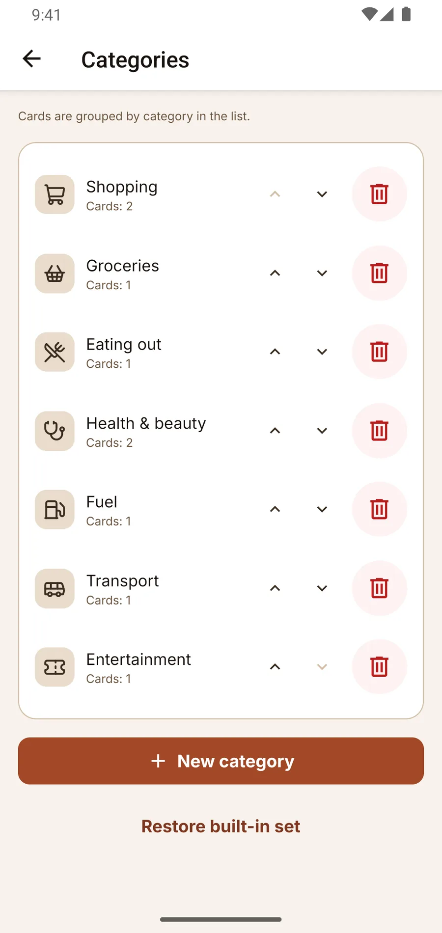 Cards grouped into categories