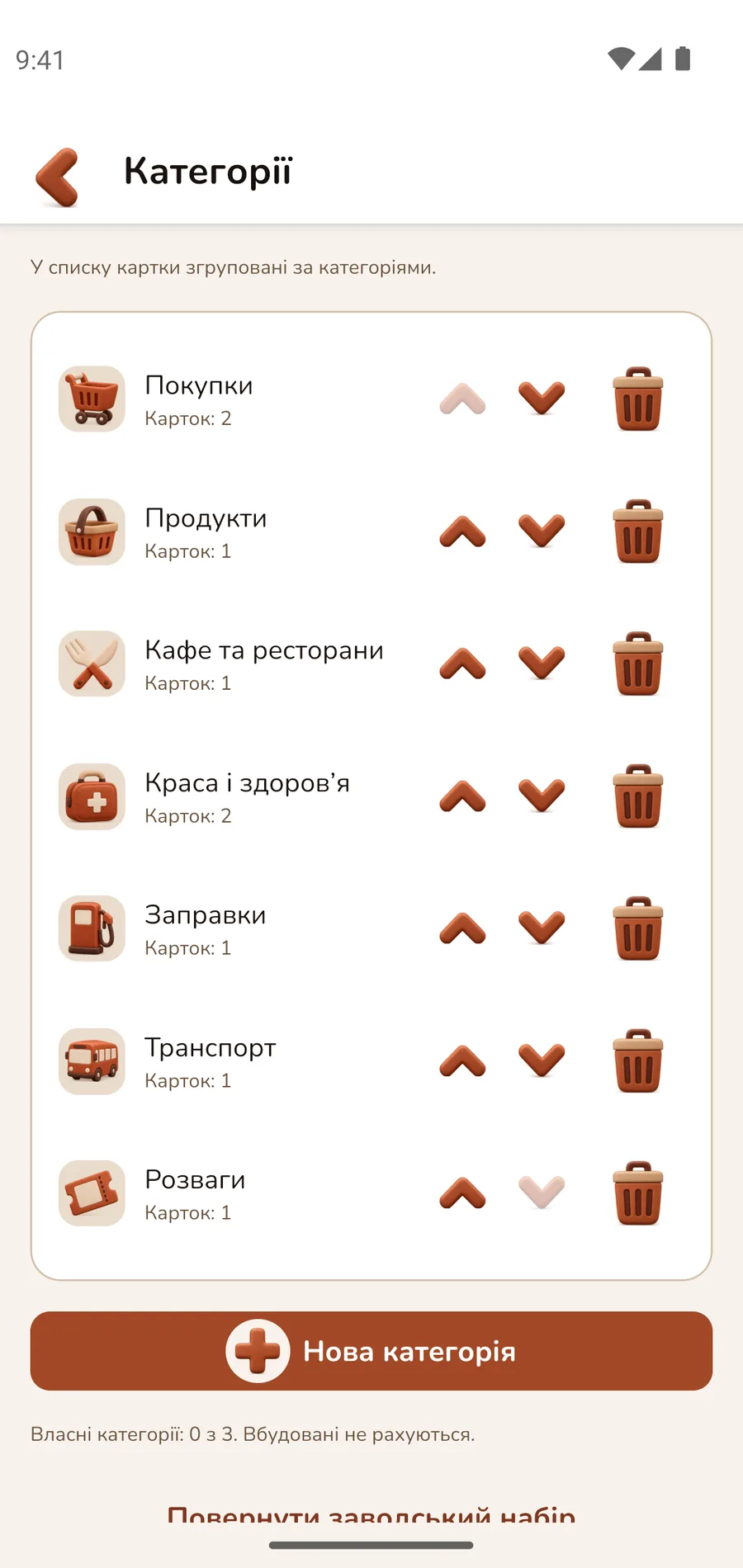 Картки, розкладені за категоріями