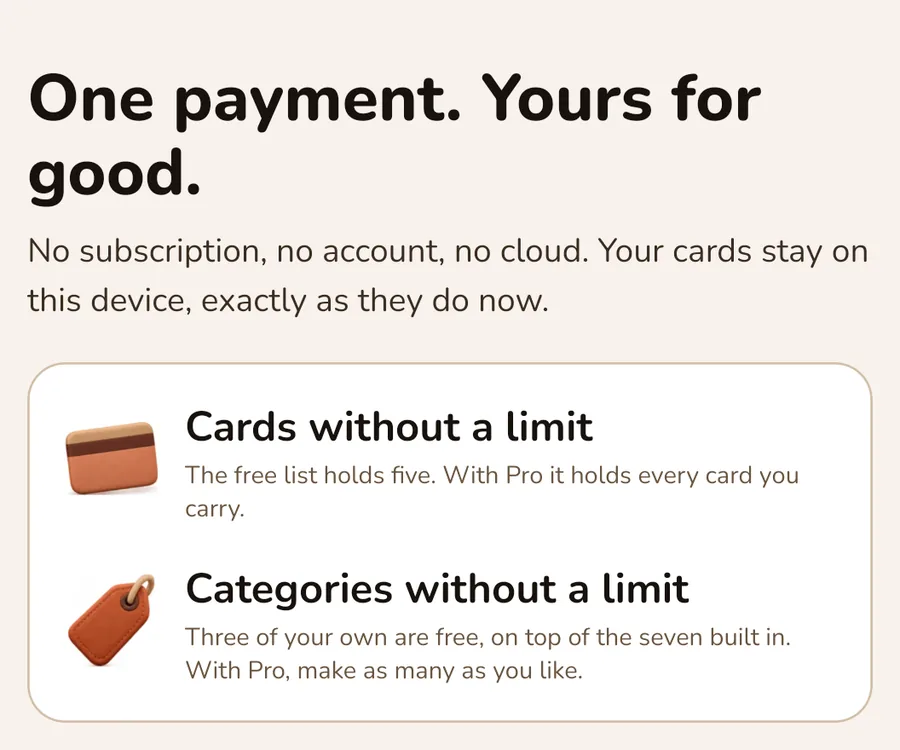 The Cardfold Pro purchase screen
