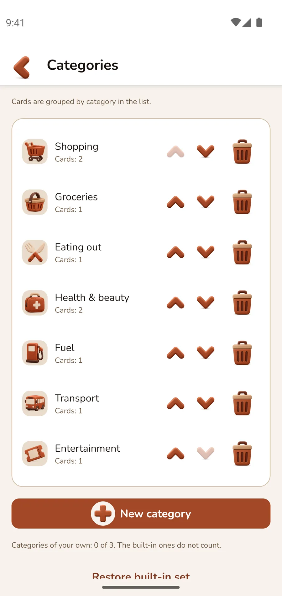 Cards grouped into categories